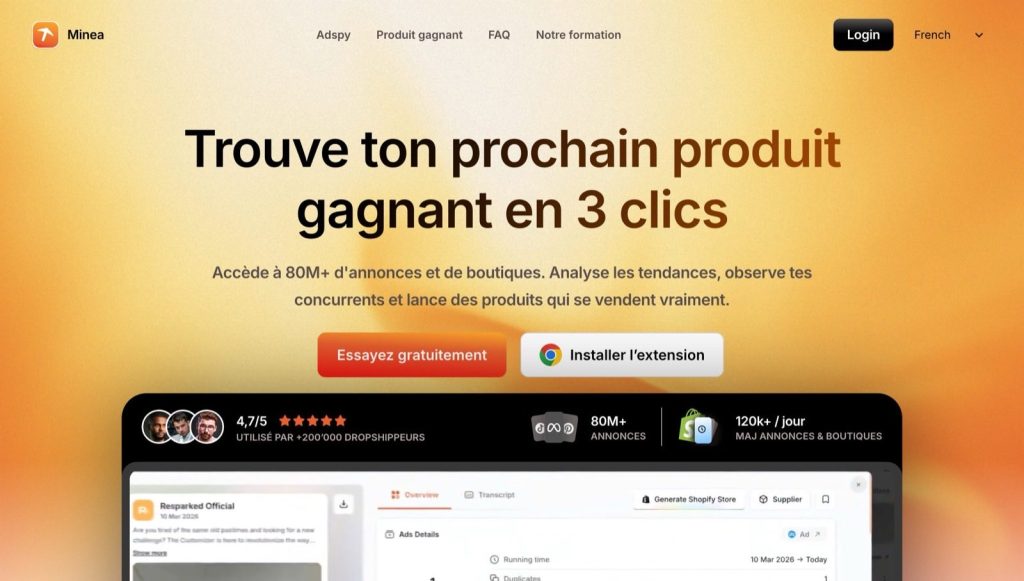 Page d'accueil de Minea : trouver un produit gagnant, adspy 80M+ annonces